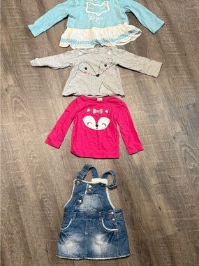 3 Fox Graphic Long Sleeve Tee + Denim Overall Dress Bundle  B9